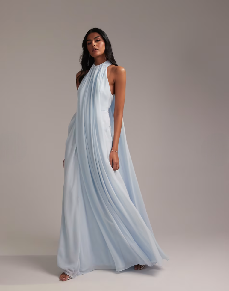 Grecian Draped Halter Maxi Dress - Pastel Blu