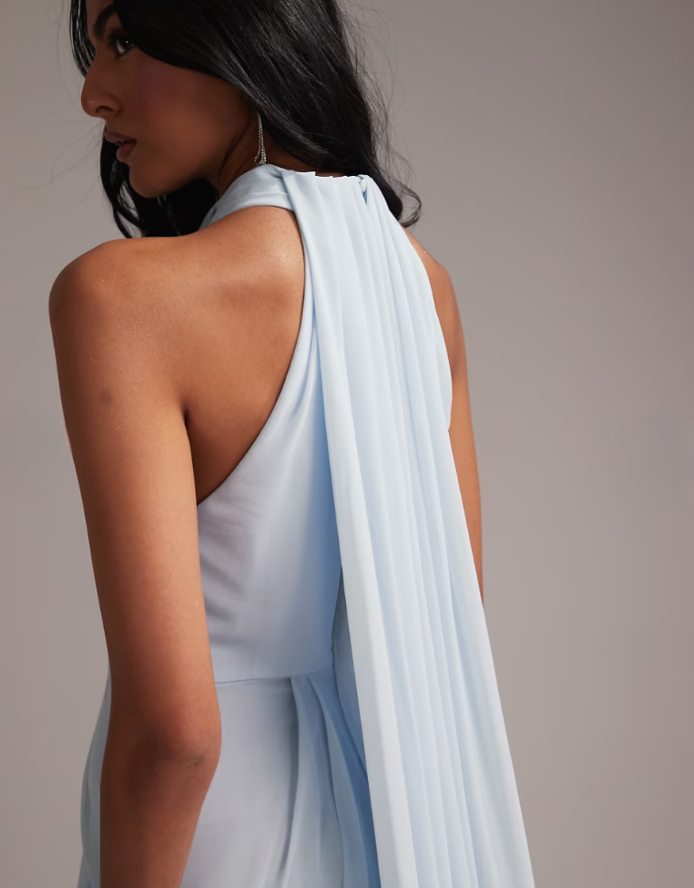 Grecian Draped Halter Maxi Dress - Pastel Blu