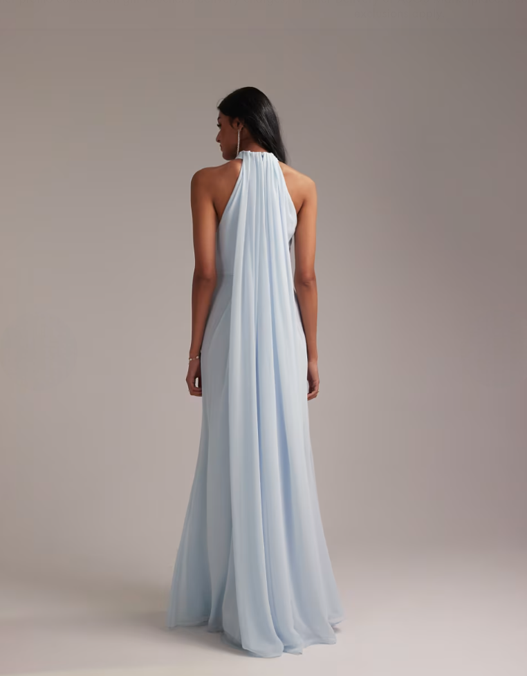 Grecian Draped Halter Maxi Dress - Pastel Blu