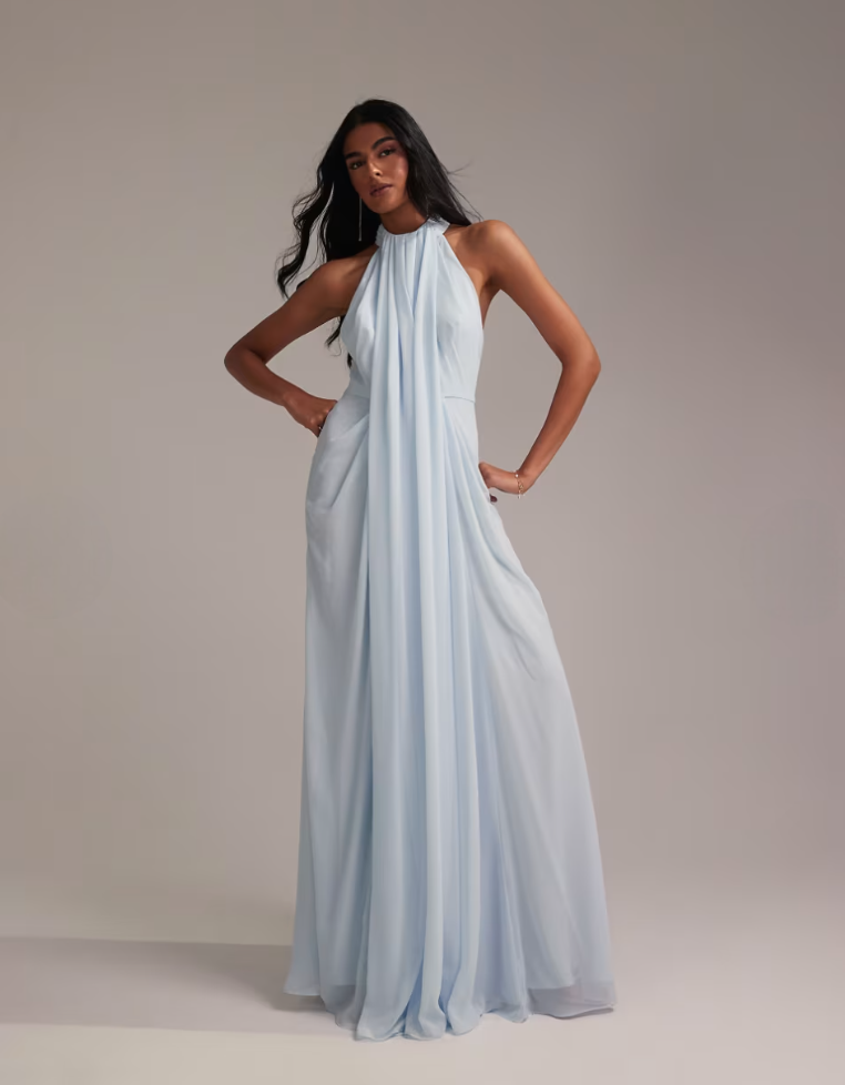 Grecian Draped Halter Maxi Dress - Pastel Blu
