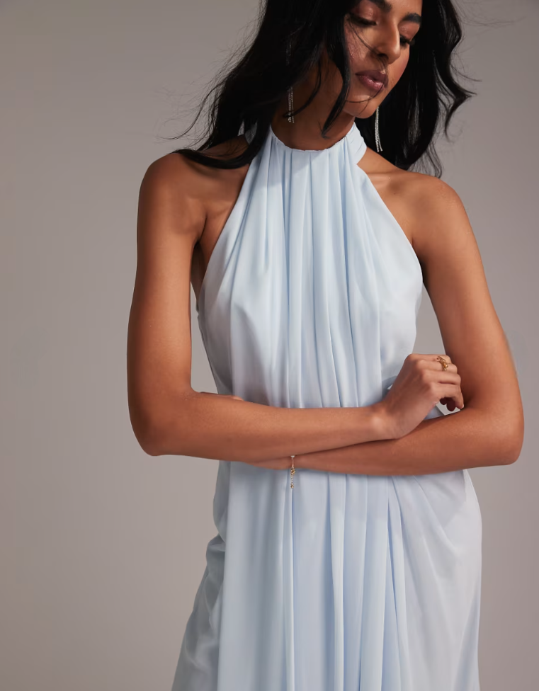 Grecian Draped Halter Maxi Dress - Pastel Blu