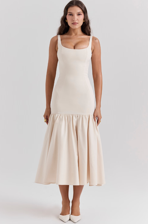Vintage Dropped Waist Midi Dress - Cream