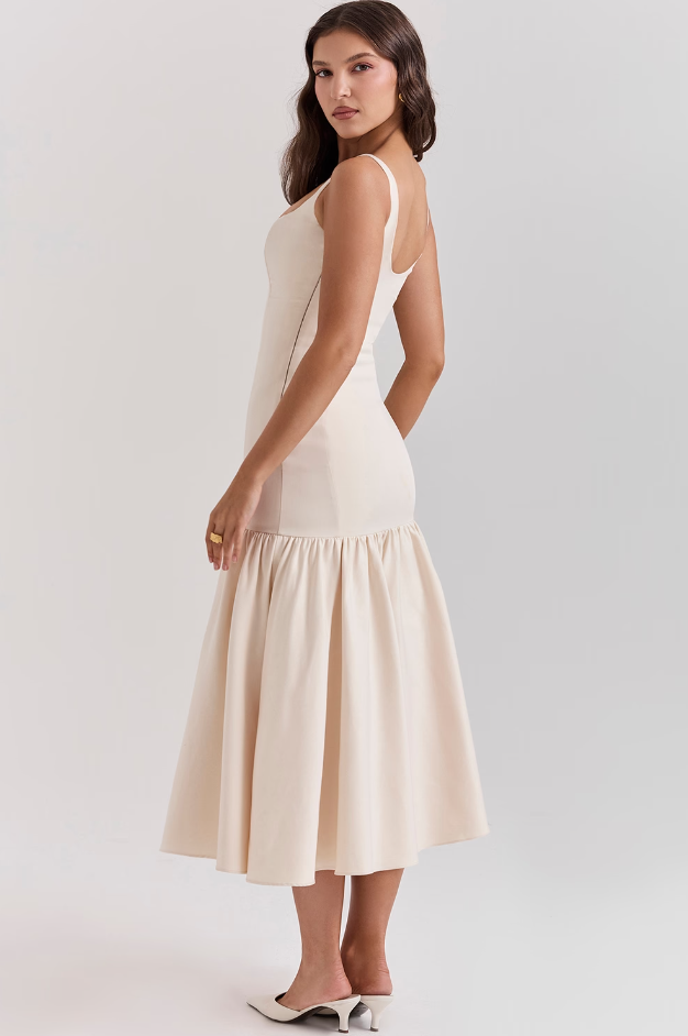 Vintage Dropped Waist Midi Dress - Cream
