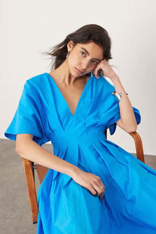 V-Neck Short Sleeve Midi Dress - Azure
