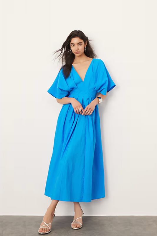 V-Neck Short Sleeve Midi Dress - Azure