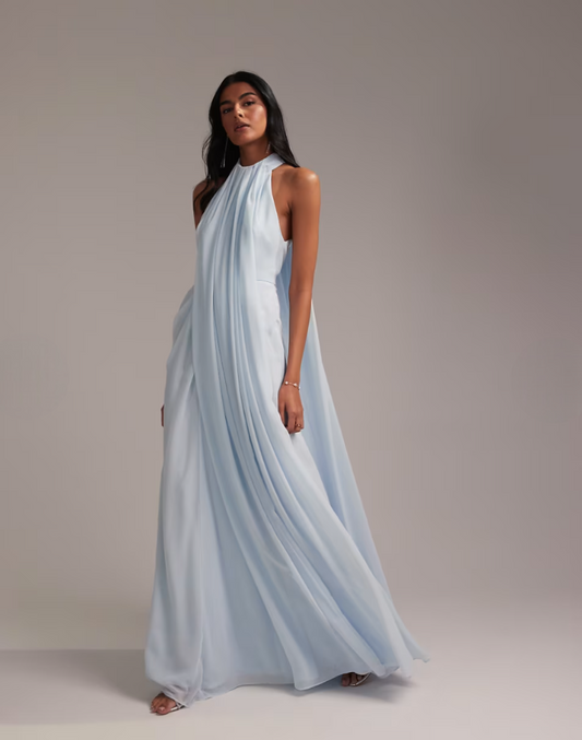 Grecian Draped Halter Maxi Dress - Pastel Blu
