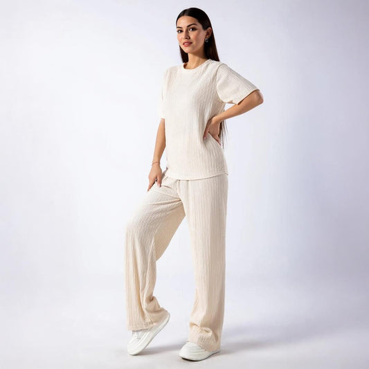 Cozy Solid Round Neck Short Sleeve Top & Wide Leg Trousers Co-ord