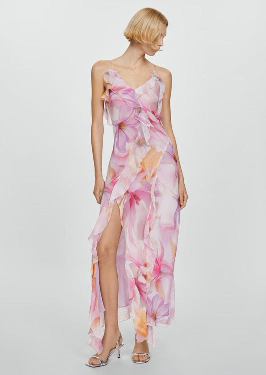 Ruffled Floral Print Dress - Pink
