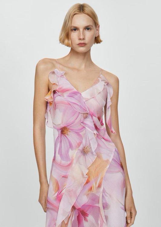 Ruffled Floral Print Dress - Pink