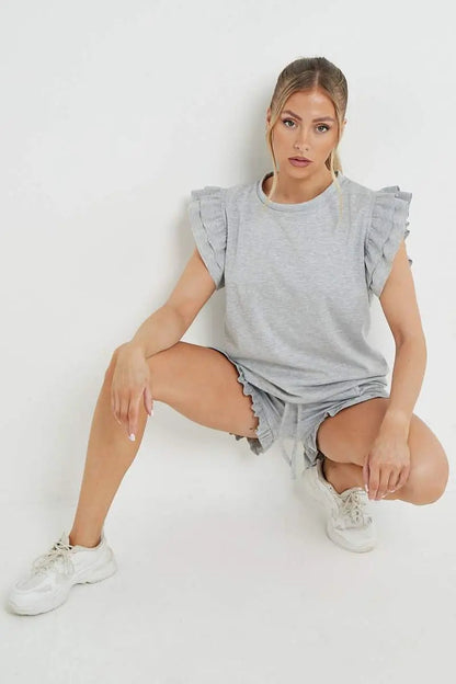 Trendy Ruffle Sleeve Loose Top & Drawstring Waist Shorts Co-ord