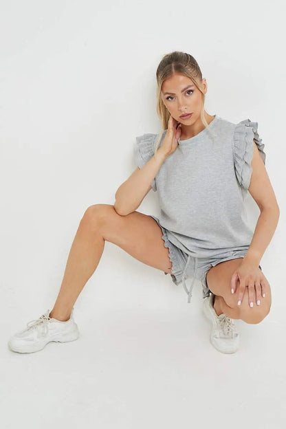 Trendy Ruffle Sleeve Loose Top & Drawstring Waist Shorts Co-ord