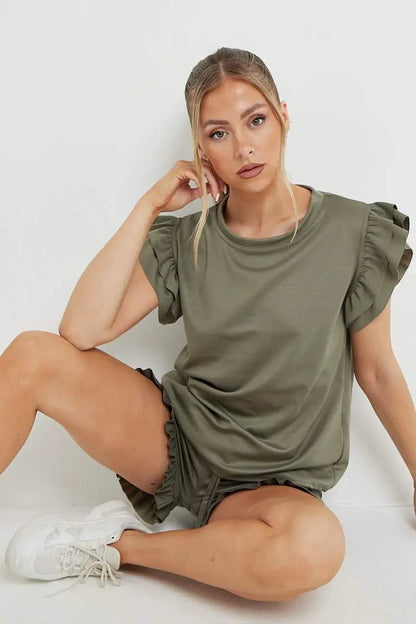 Trendy Ruffle Sleeve Loose Top & Drawstring Waist Shorts Co-ord