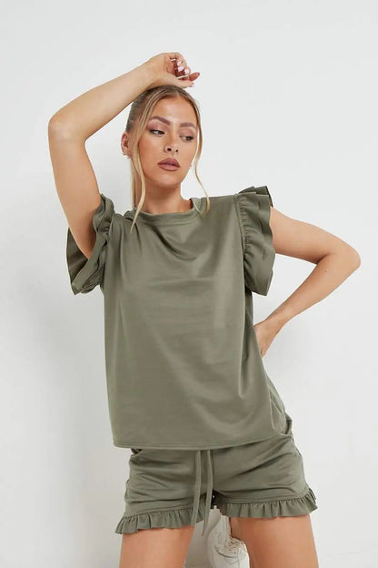 Trendy Ruffle Sleeve Loose Top & Drawstring Waist Shorts Co-ord