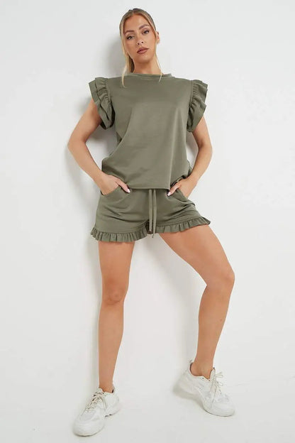 Trendy Ruffle Sleeve Loose Top & Drawstring Waist Shorts Co-ord