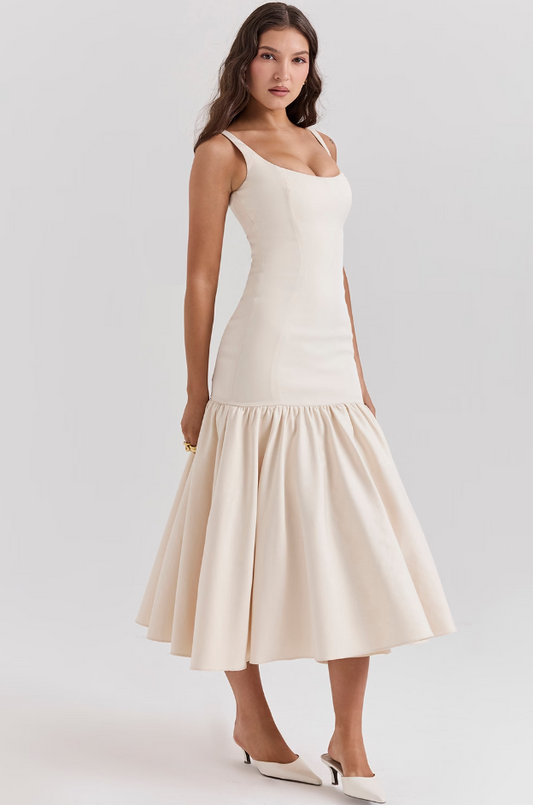 Vintage Dropped Waist Midi Dress - Cream