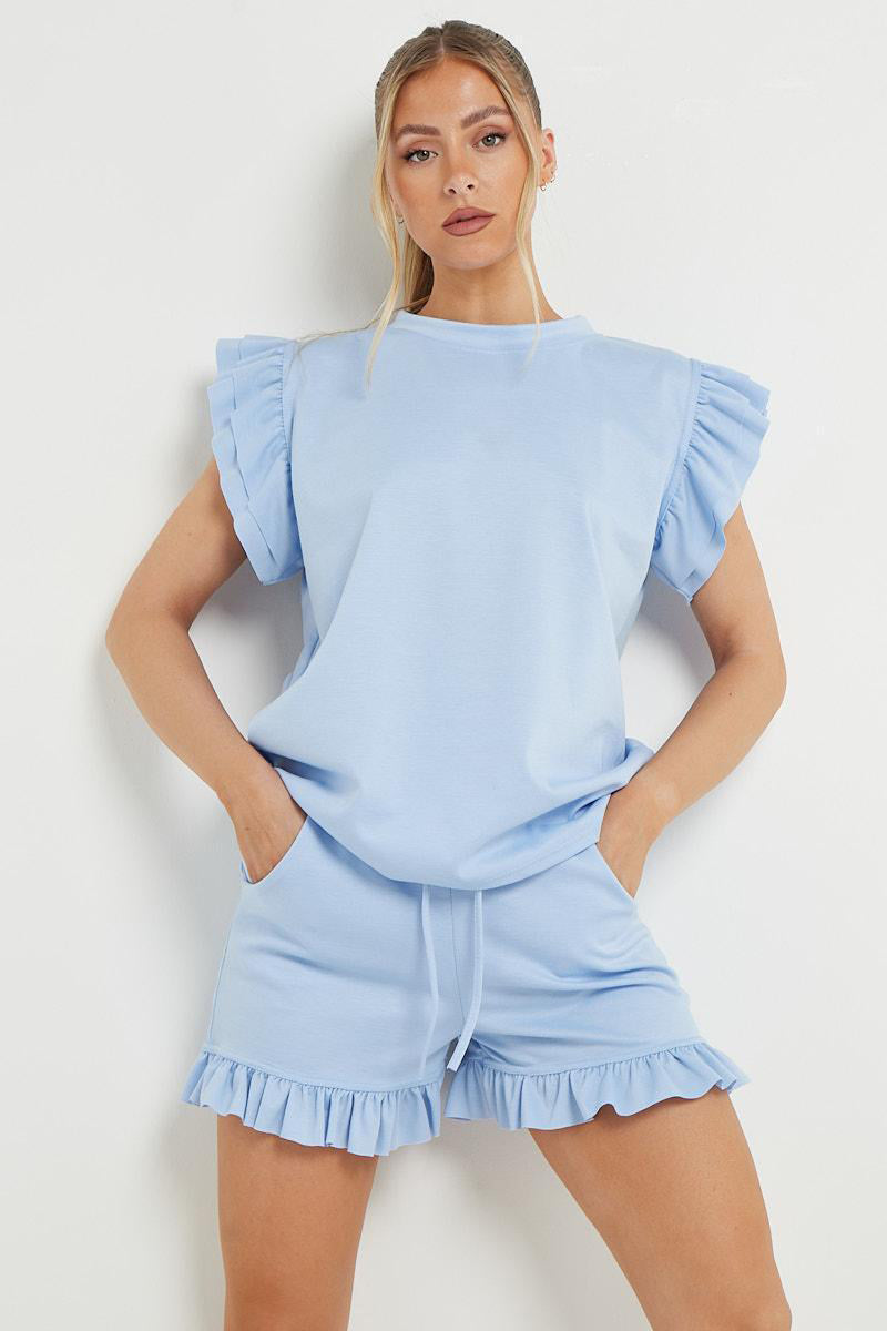 Trendy Ruffle Sleeve Loose Top & Drawstring Waist Shorts Co-ord