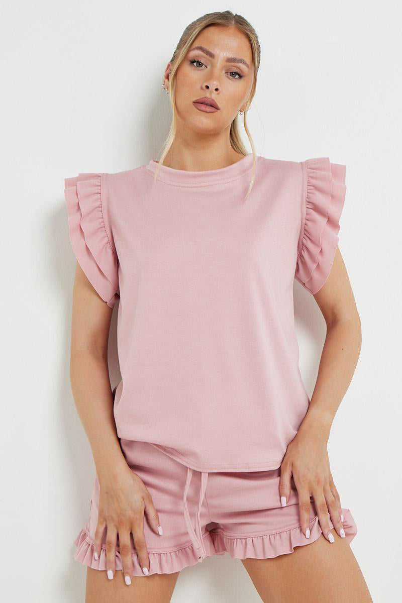 Trendy Ruffle Sleeve Loose Top & Drawstring Waist Shorts Co-ord