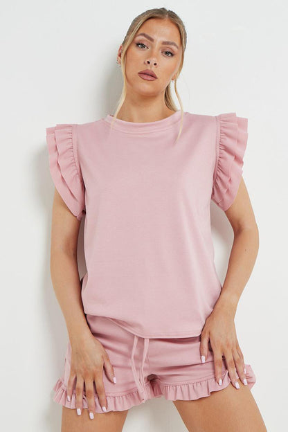 Trendy Ruffle Sleeve Loose Top & Drawstring Waist Shorts Co-ord