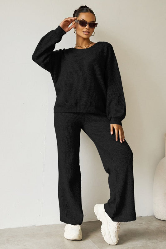 Women's Black Cozy Knit Scoop Neck Long Sleeve Loose Top & Stretch Trousers Co-ord